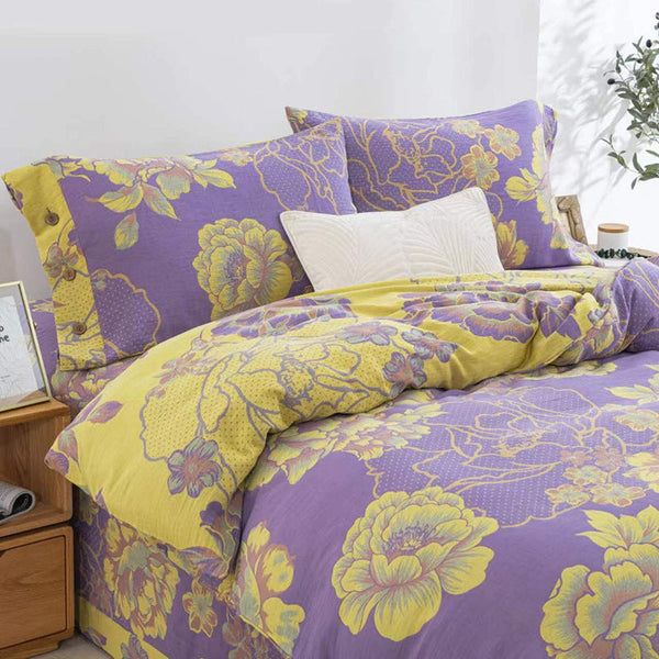 HKM-239379 Cotton Double-Layer Floral Pattern Bedding Set - Four-Piece with Bed Sheet, Quilt Cover, and Pillowcases