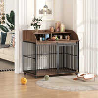 HKM-239379 Heavy Duty Large Dog Crate with Lockable Wheels and Storage, Wooden Design for Medium to Large Dogs