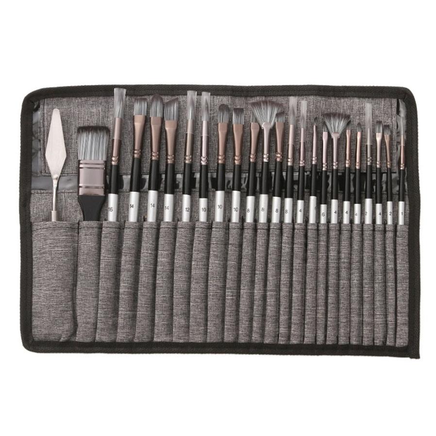 HKM-239443 24-Piece Nylon Hair Brush Set for Acrylic, Gouache, and Watercolor Painting with Scraper