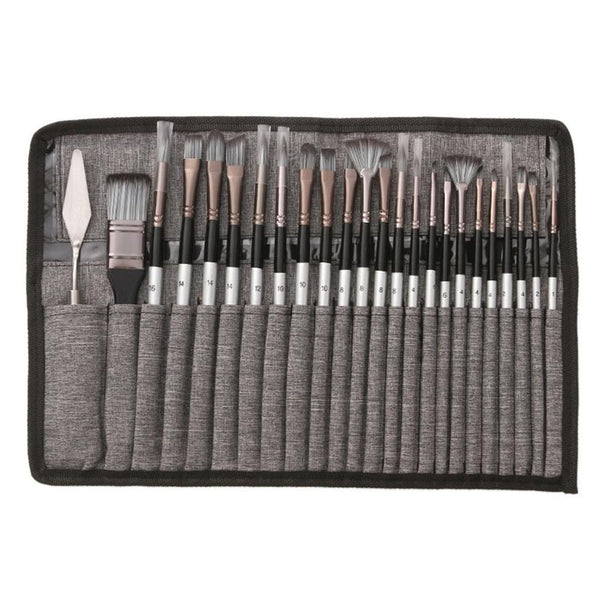 HKM-239443 24-Piece Nylon Hair Brush Set for Acrylic, Gouache, and Watercolor Painting with Scraper