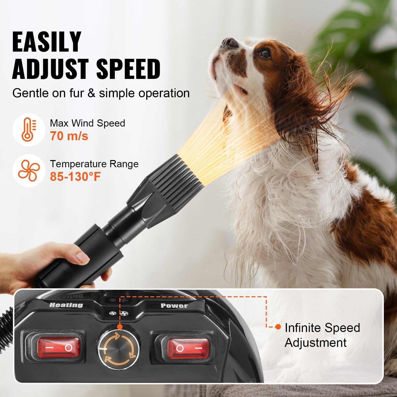 HKM-2394941 2800W Pet Grooming Dryer with Adjustable Speed, Temperature Control, Nozzles, and Extendable Hose