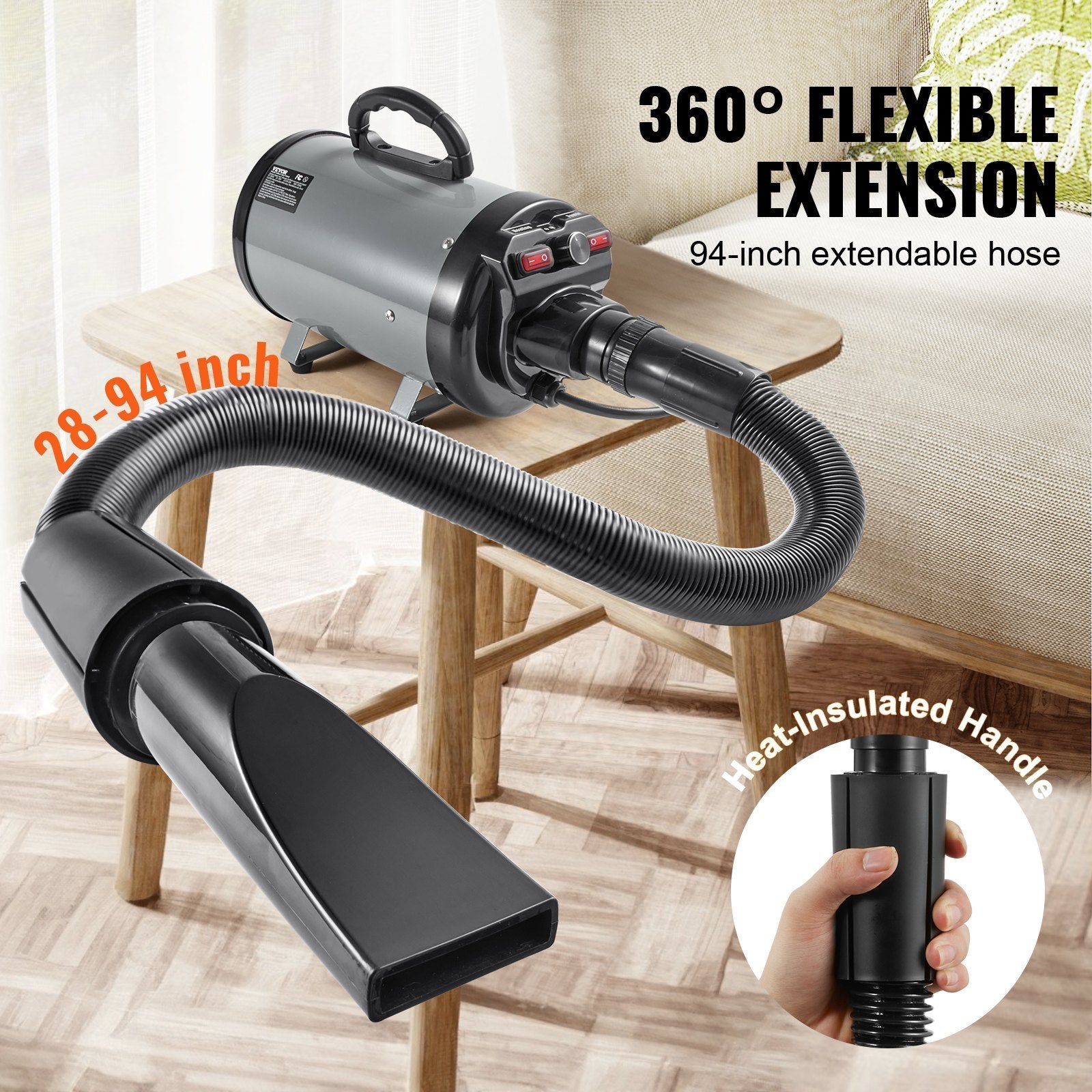 HKM-2394941 2800W Pet Grooming Dryer with Adjustable Speed, Temperature Control, Nozzles, and Extendable Hose
