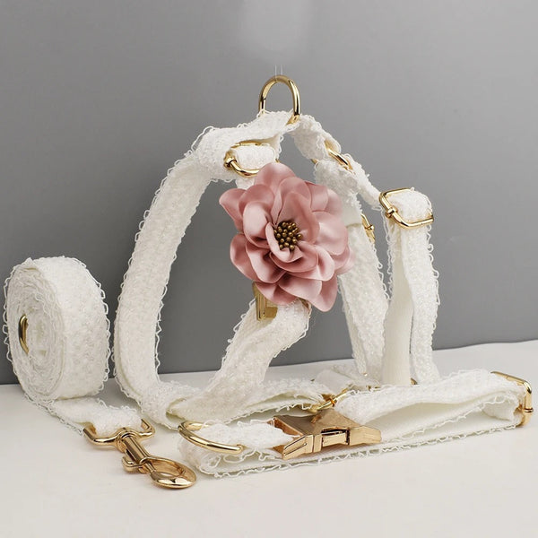 HKM-2395069 Elegant White Lace Pet Vest Set with Collar and Leash