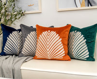 HKM-239507 Modern Dutch Velvet Embroidered Leaf Pattern Pillow Cover - 45x45cm in Blue, Orange, Gray, Green