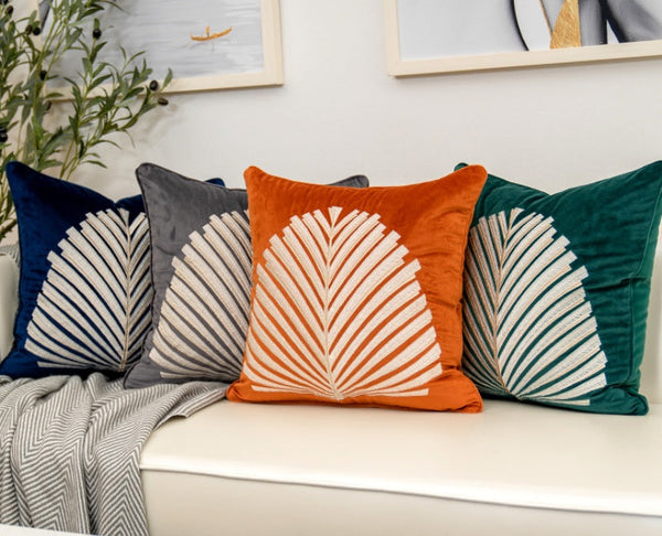 HKM-239507 Modern Dutch Velvet Embroidered Leaf Pattern Pillow Cover - 45x45cm in Blue, Orange, Gray, Green