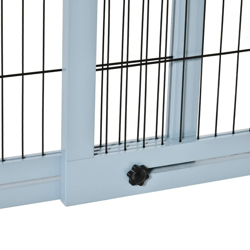 HKM-2398525 Extra Wide Freestanding Pet Gate with Adjustable Length for Dog, Blue-Gray Pine Wood and Steel Design, 41"-70.9" Long