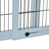 HKM-2398525 Extra Wide Freestanding Pet Gate with Adjustable Length for Dog, Blue-Gray Pine Wood and Steel Design, 41"-70.9" Long