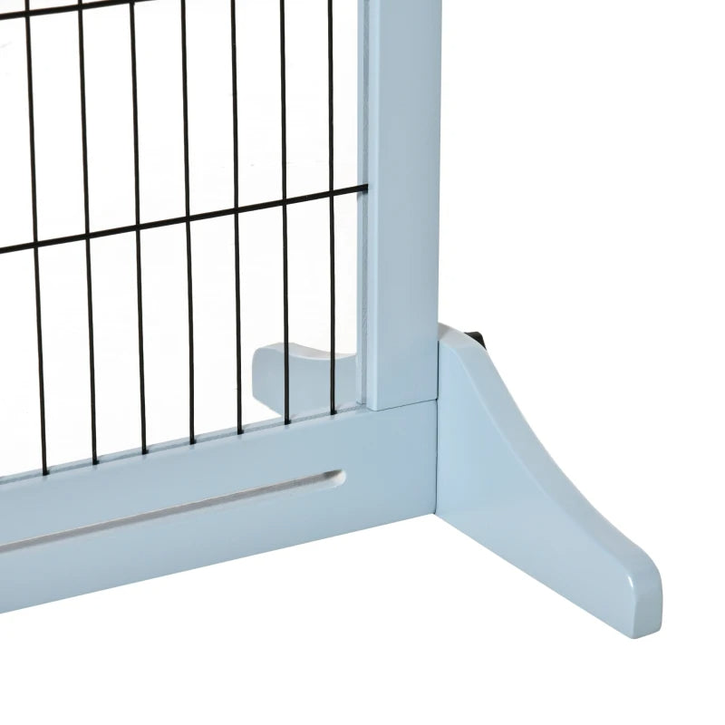 HKM-2398525 Extra Wide Freestanding Pet Gate with Adjustable Length for Dog, Blue-Gray Pine Wood and Steel Design, 41"-70.9" Long
