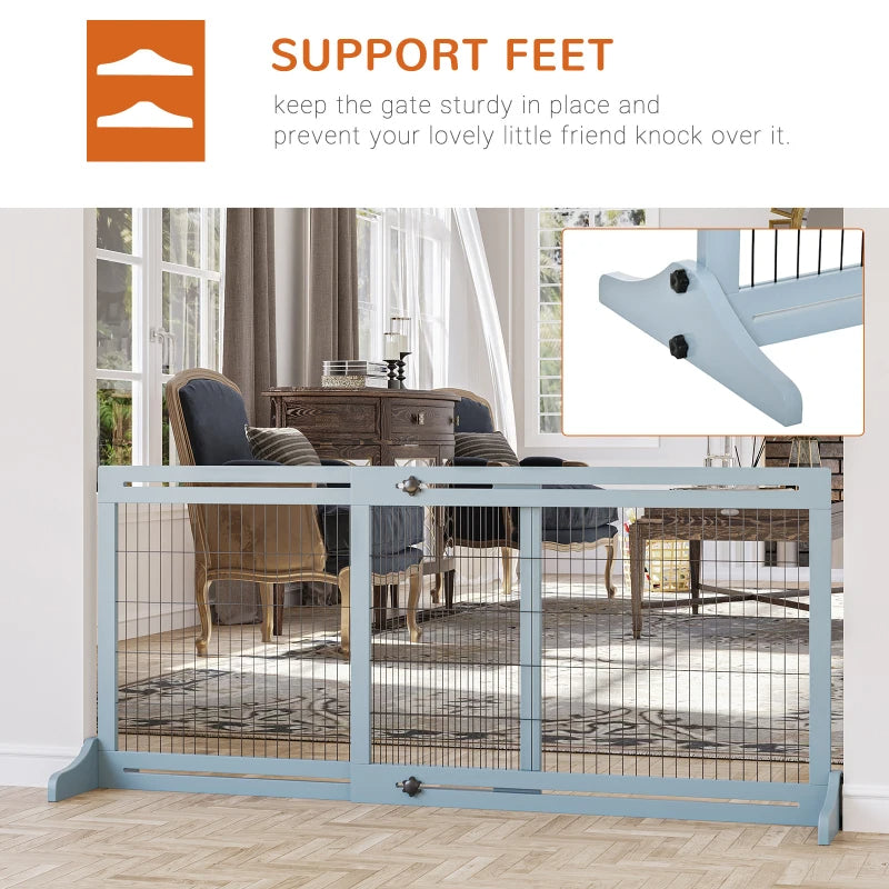 HKM-2398525 Extra Wide Freestanding Pet Gate with Adjustable Length for Dog, Blue-Gray Pine Wood and Steel Design, 41"-70.9" Long