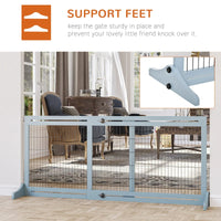 HKM-2398525 Extra Wide Freestanding Pet Gate with Adjustable Length for Dog, Blue-Gray Pine Wood and Steel Design, 41"-70.9" Long
