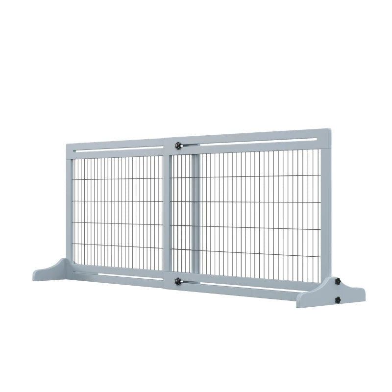 HKM-2398525 Extra Wide Freestanding Pet Gate with Adjustable Length for Dog, Blue-Gray Pine Wood and Steel Design, 41"-70.9" Long