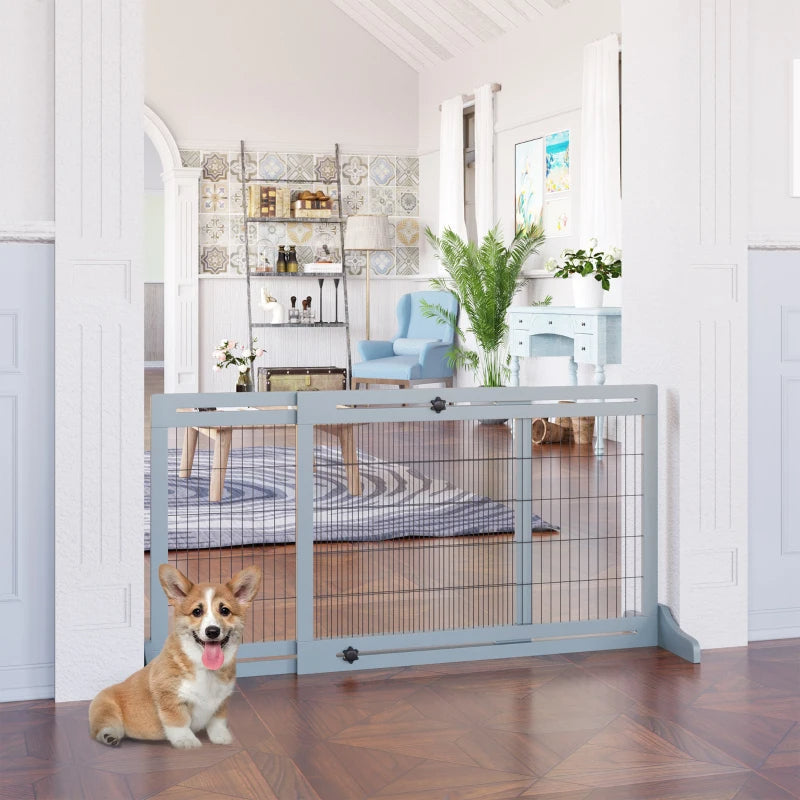 HKM-2398525 Extra Wide Freestanding Pet Gate with Adjustable Length for Dog, Blue-Gray Pine Wood and Steel Design, 41"-70.9" Long