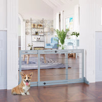 HKM-2398525 Extra Wide Freestanding Pet Gate with Adjustable Length for Dog, Blue-Gray Pine Wood and Steel Design, 41"-70.9" Long