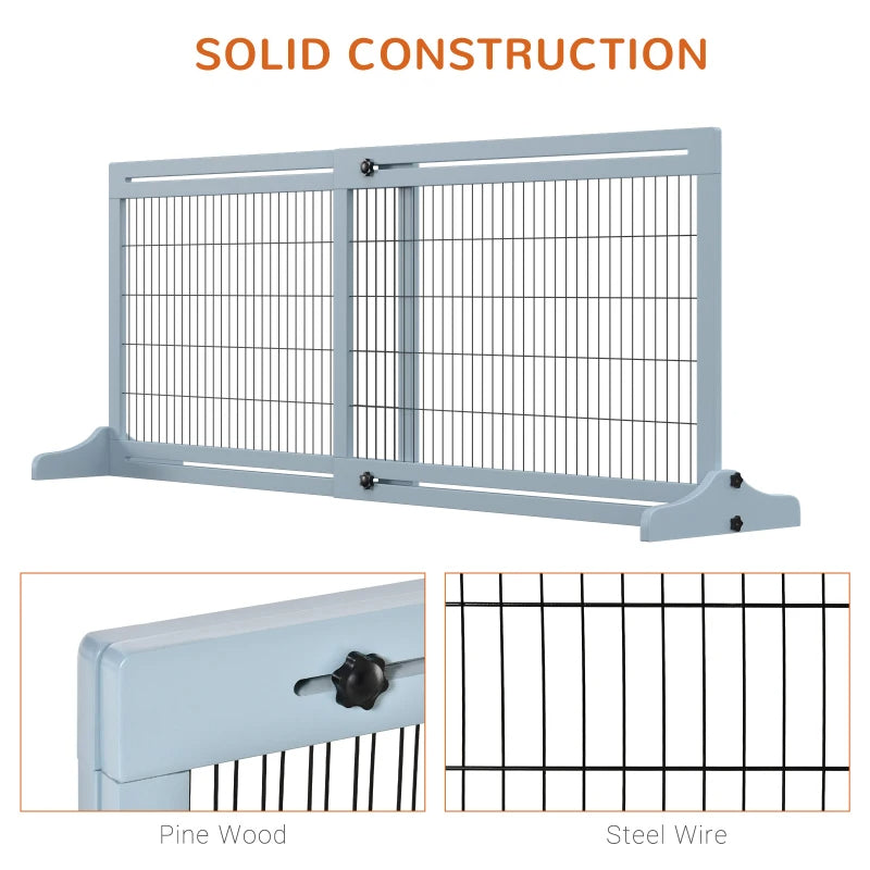 HKM-2398525 Extra Wide Freestanding Pet Gate with Adjustable Length for Dog, Blue-Gray Pine Wood and Steel Design, 41"-70.9" Long