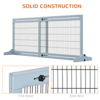 HKM-2398525 Extra Wide Freestanding Pet Gate with Adjustable Length for Dog, Blue-Gray Pine Wood and Steel Design, 41"-70.9" Long
