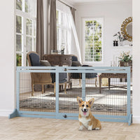 HKM-2398525 Extra Wide Freestanding Pet Gate with Adjustable Length for Dog, Blue-Gray Pine Wood and Steel Design, 41"-70.9" Long