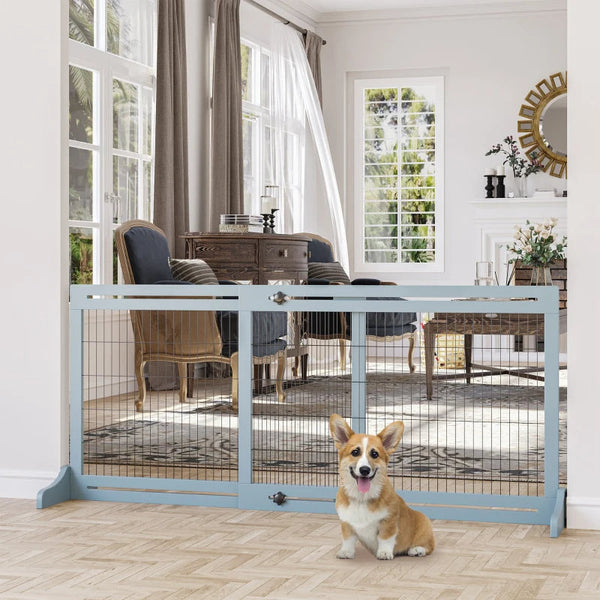 HKM-2398525 Extra Wide Freestanding Pet Gate with Adjustable Length for Dog, Blue-Gray Pine Wood and Steel Design, 41"-70.9" Long