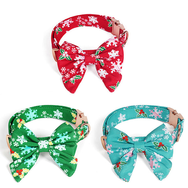 HKM-2400829 Pure Cotton Dog Necklace with Removable Bow Tie - Christmas Flower Design, Adjustable Size