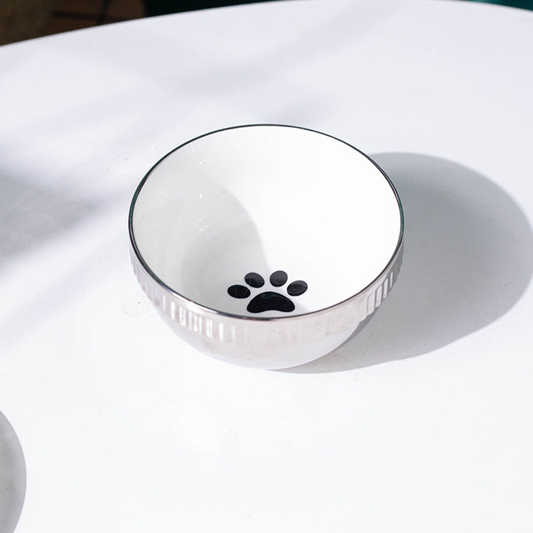 HKM-2403005 Compact Ceramic Anti-Tip Dog Bowl with Stainless Steel Base ¨C 500ml Capacity, Multiple Patterns Available