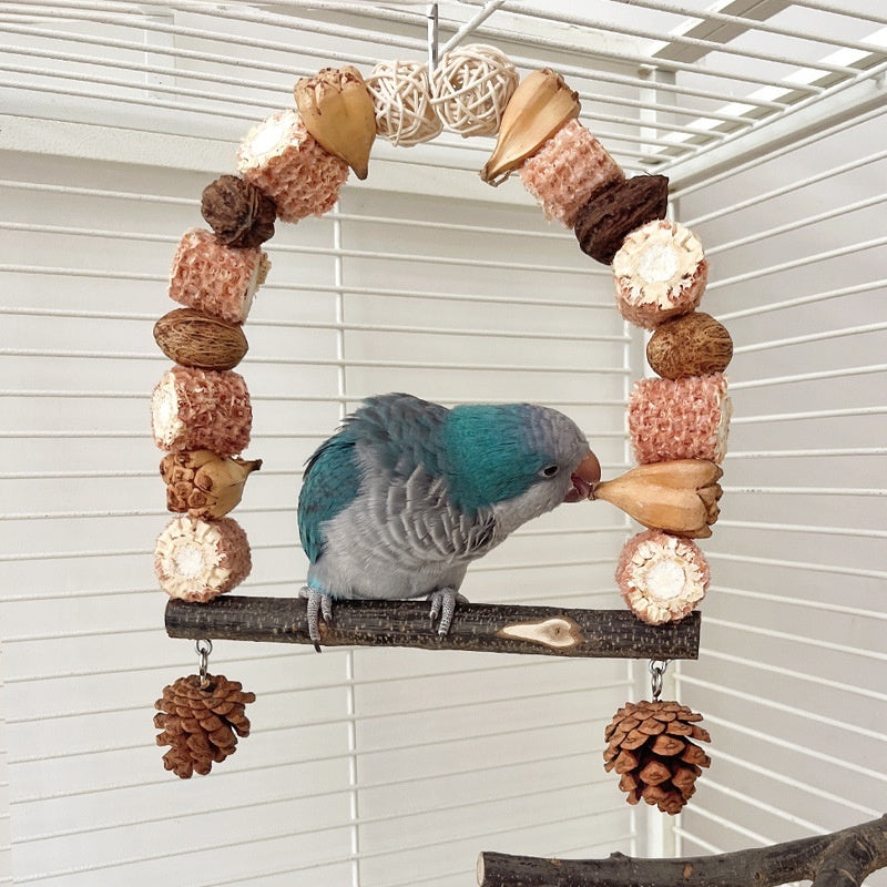 HKM-240467 Wooden Parrot Swing Stand with Natural Log for Perched Playtime - Small and Large Sizes Available