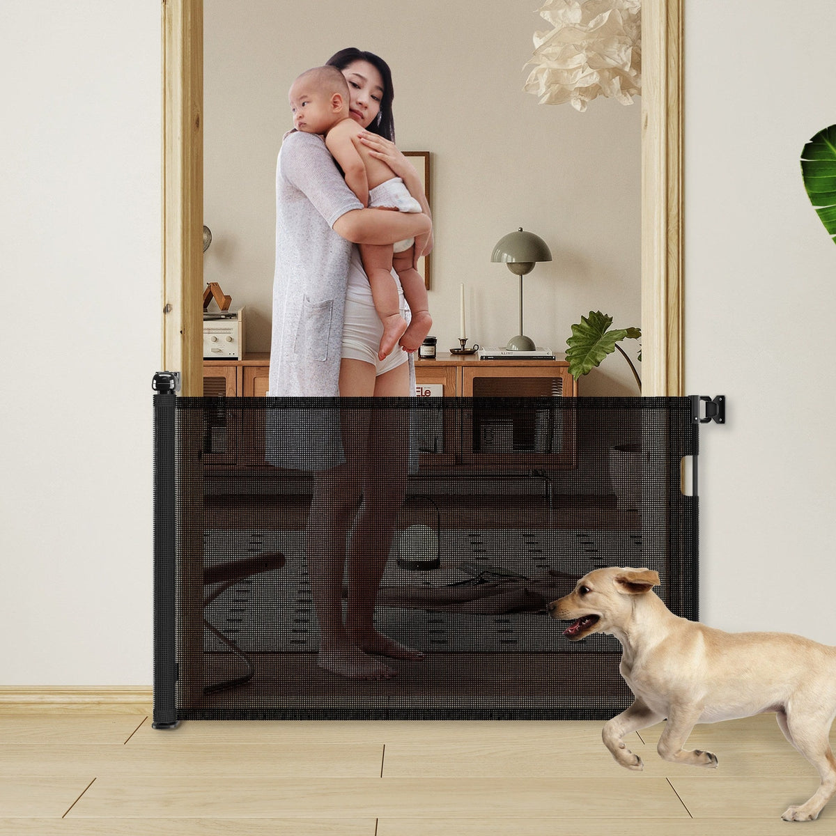 HKM-240531 Retractable Mesh Baby Gate For Doorways, Extends 76" Wide, 33" Tall Safety Barrier For Indoor & Outdoor Use