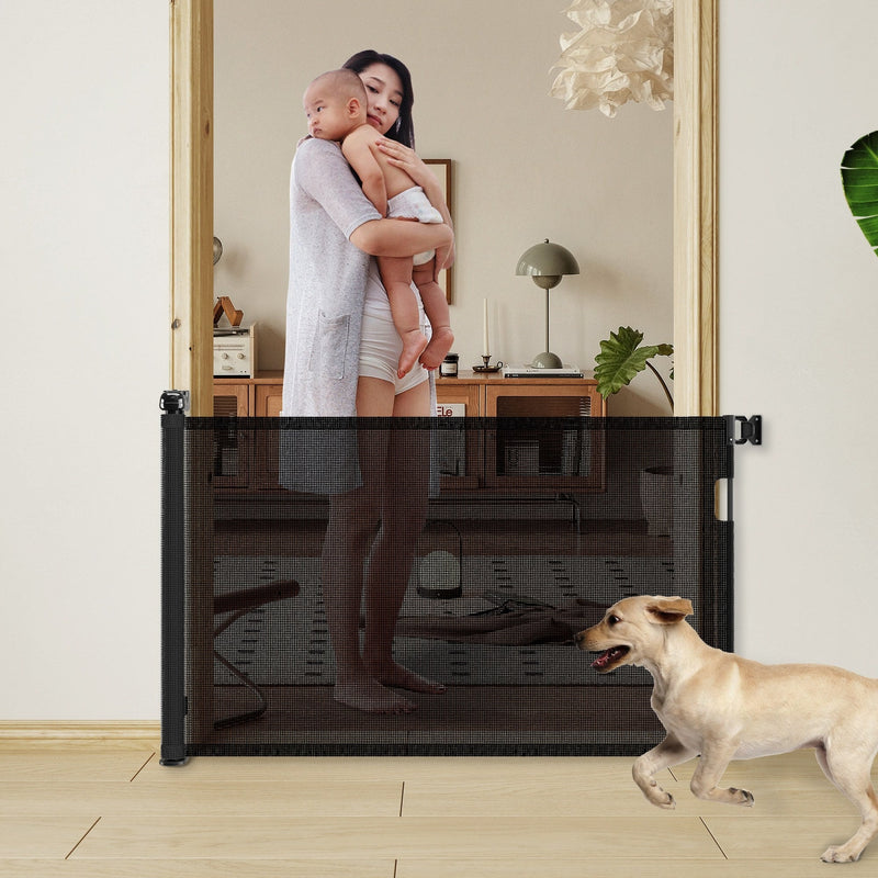 HKM-240531 Retractable Mesh Baby Gate For Doorways, Extends 76" Wide, 33" Tall Safety Barrier For Indoor & Outdoor Use