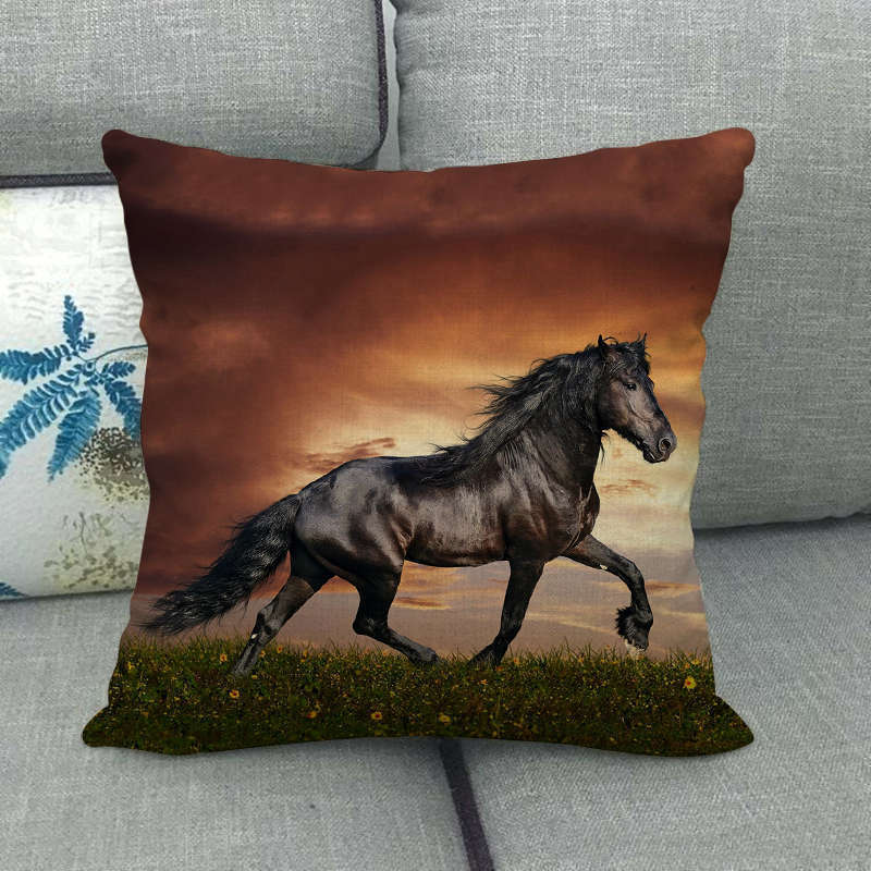 HKM-240595 Flax Digital Printed Horse Pattern Pillowcase, American Country Style, 45cm x 45cm, PP Cotton Filling, Linen Material
