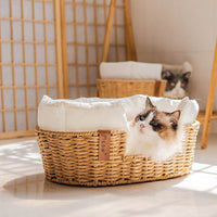 HKM-2407229 Hand-Woven Rattan Pet Nest with Cooling Fabric and Flannel Options - Small to Large Sizes Available