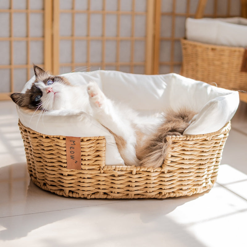 HKM-2407229 Hand-Woven Rattan Pet Nest with Cooling Fabric and Flannel Options - Small to Large Sizes Available