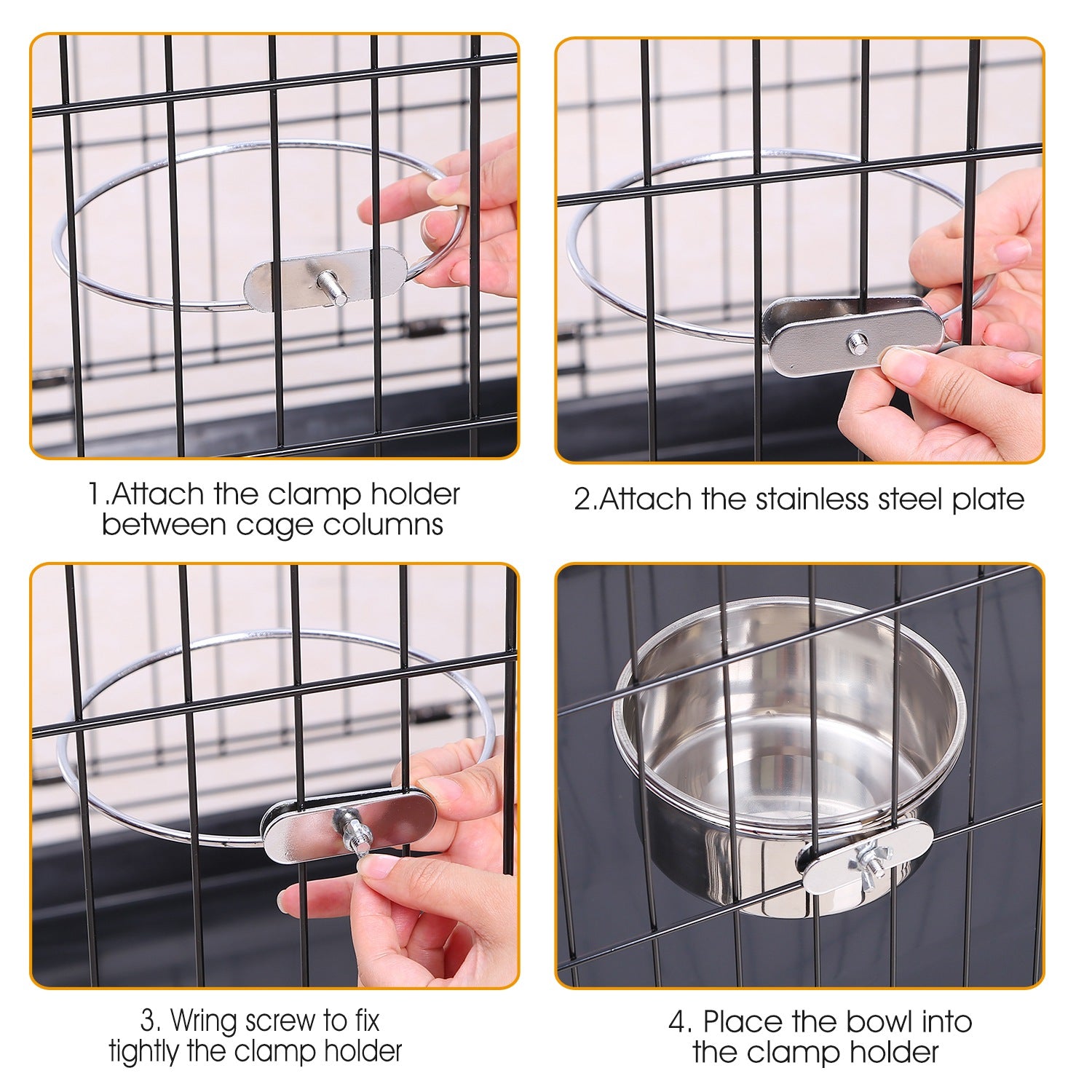 HKM-2408765 Stainless Steel Hanging Dog Bowl with Clamp Holder for Pet Cages - Detachable, Medium Size