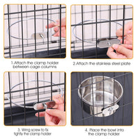 HKM-2408765 Stainless Steel Hanging Dog Bowl with Clamp Holder for Pet Cages - Detachable, Medium Size
