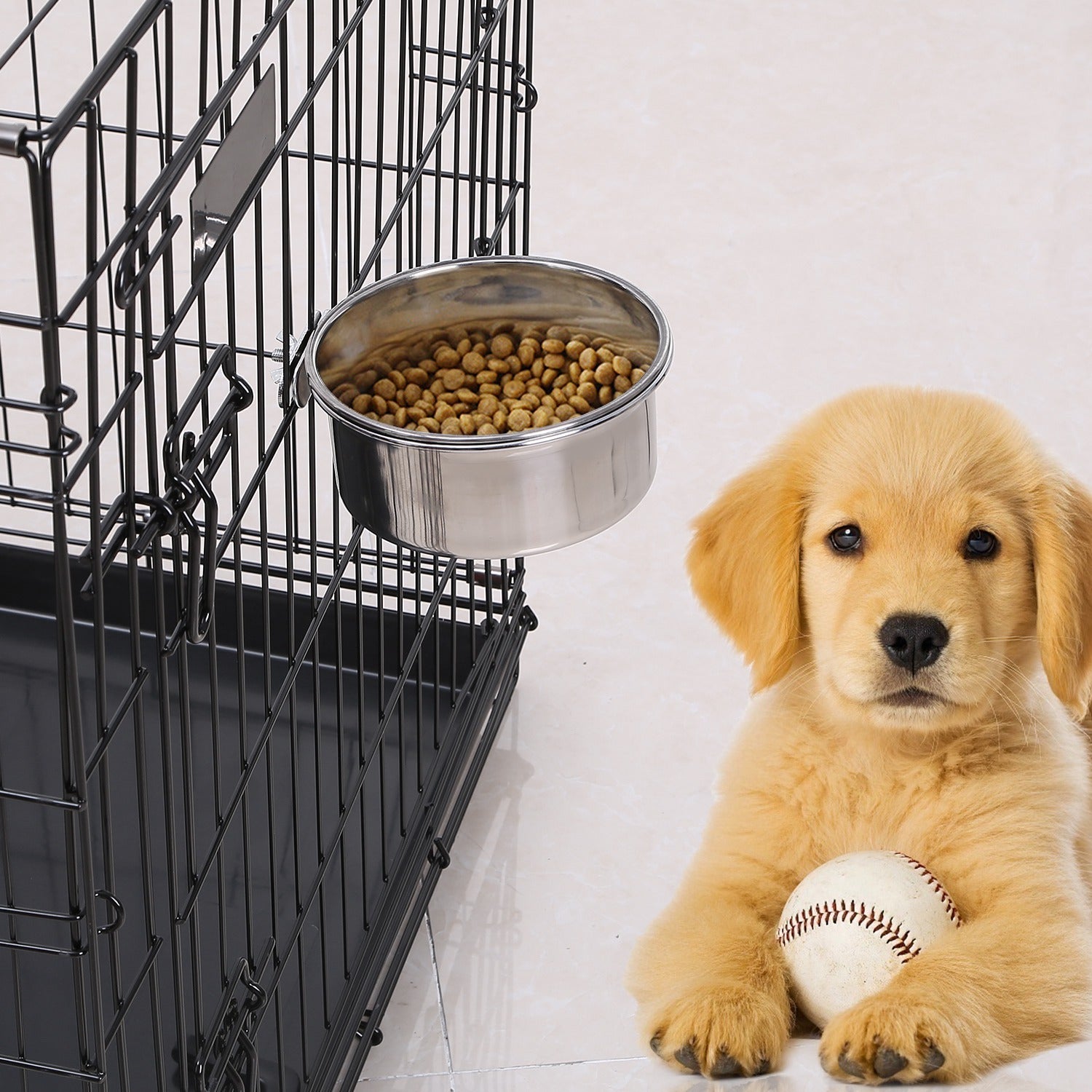 HKM-2408765 Stainless Steel Hanging Dog Bowl with Clamp Holder for Pet Cages - Detachable, Medium Size