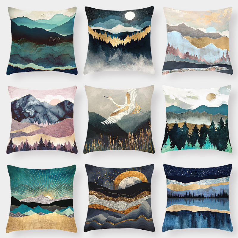 HKM-240915 Landscape Plush Lumbar Cushion Cover - Decorative Pillow 45x45cm