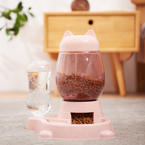 HKM-2414525 Automatic Pet Feeder and Drinking Fountain with 528ml Water Bottle and 2.21L Bucket - Gray, Pink, and Blue Options