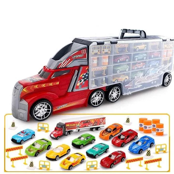 HKM-241491 Diecast Container Truck with Small Alloy Cars for Kids Ages 2 and Up