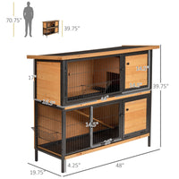 HKM-2417981 2-Story Outdoor Rabbit Hutch with Ramp, Removable Tray, and Metal Feeding Troughs in Natural Wood Finish