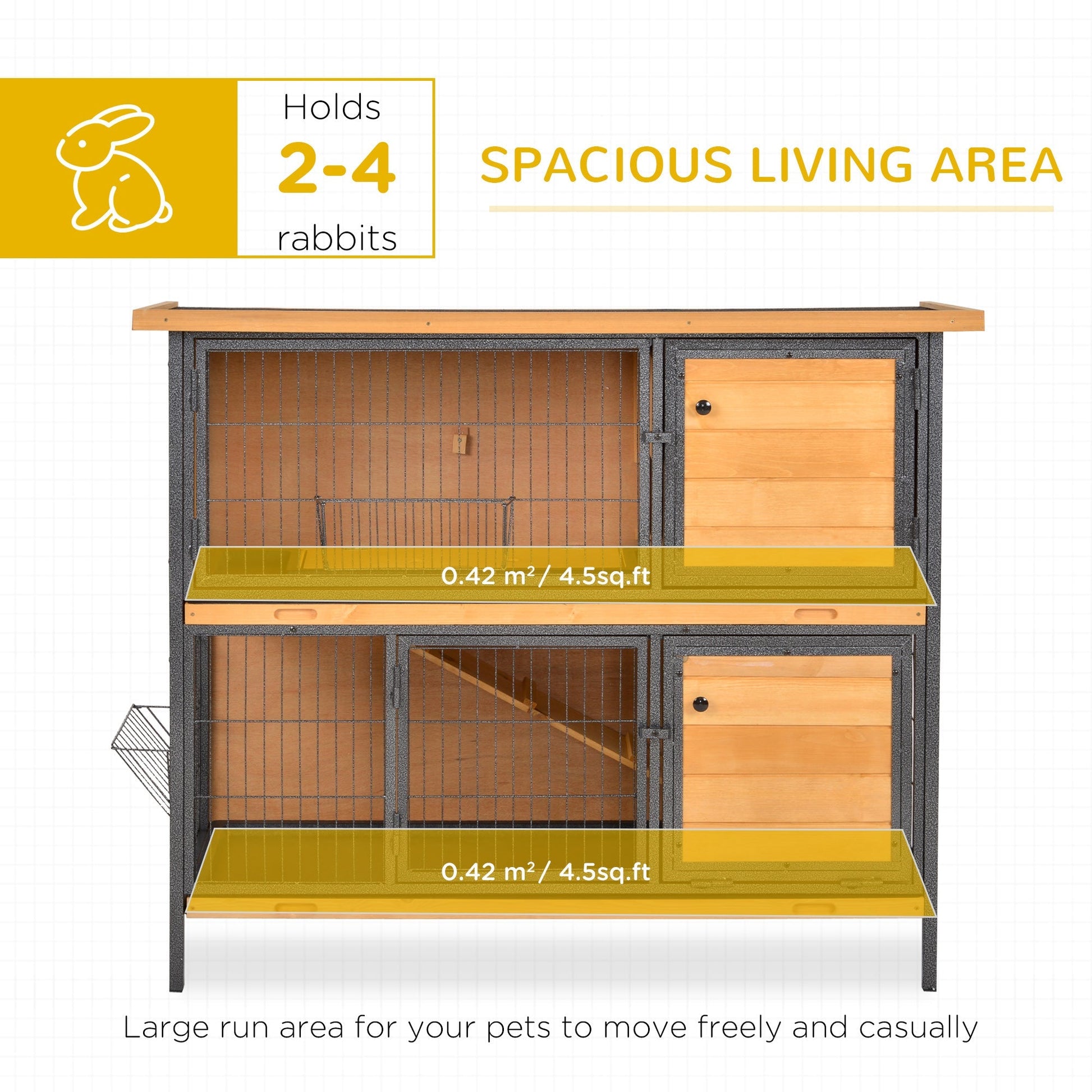 HKM-2417981 2-Story Outdoor Rabbit Hutch with Ramp, Removable Tray, and Metal Feeding Troughs in Natural Wood Finish