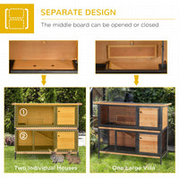 HKM-2417981 2-Story Outdoor Rabbit Hutch with Ramp, Removable Tray, and Metal Feeding Troughs in Natural Wood Finish
