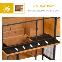 HKM-2417981 2-Story Outdoor Rabbit Hutch with Ramp, Removable Tray, and Metal Feeding Troughs in Natural Wood Finish