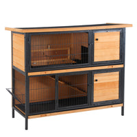 HKM-2417981 2-Story Outdoor Rabbit Hutch with Ramp, Removable Tray, and Metal Feeding Troughs in Natural Wood Finish