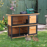 HKM-2417981 2-Story Outdoor Rabbit Hutch with Ramp, Removable Tray, and Metal Feeding Troughs in Natural Wood Finish