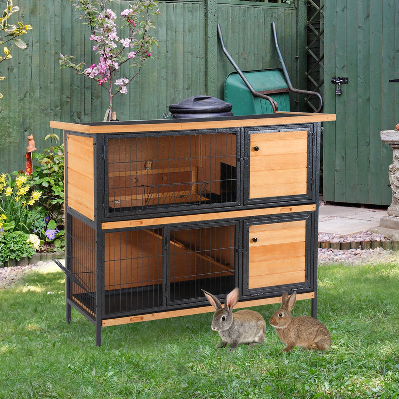 HKM-2417981 2-Story Outdoor Rabbit Hutch with Ramp, Removable Tray, and Metal Feeding Troughs in Natural Wood Finish