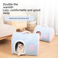 HKM-2418365 Cozy Flannel Cat Nest with Portable Handles - Available in Pink and Blue