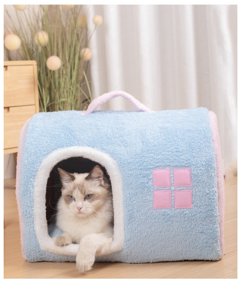 HKM-2418365 Cozy Flannel Cat Nest with Portable Handles - Available in Pink and Blue