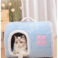 HKM-2418365 Cozy Flannel Cat Nest with Portable Handles - Available in Pink and Blue