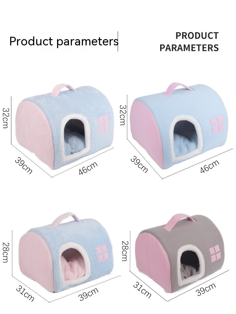 HKM-2418365 Cozy Flannel Cat Nest with Portable Handles - Available in Pink and Blue