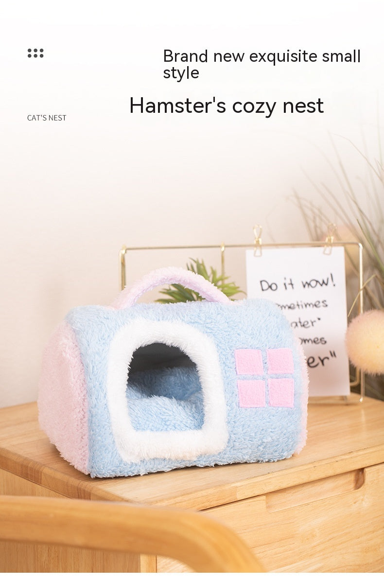 HKM-2418365 Cozy Flannel Cat Nest with Portable Handles - Available in Pink and Blue