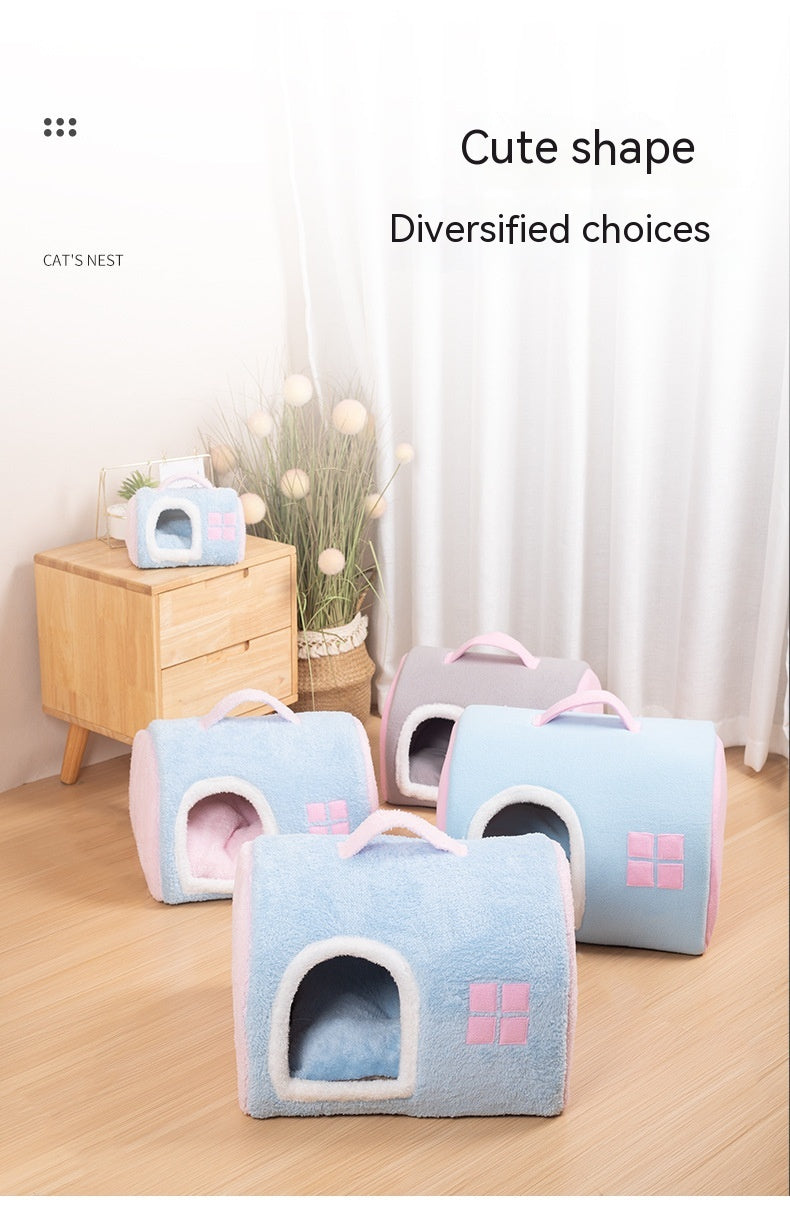 HKM-2418365 Cozy Flannel Cat Nest with Portable Handles - Available in Pink and Blue