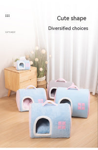 HKM-2418365 Cozy Flannel Cat Nest with Portable Handles - Available in Pink and Blue