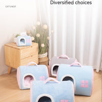 HKM-2418365 Cozy Flannel Cat Nest with Portable Handles - Available in Pink and Blue